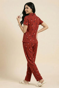 Zivame Farm Lore Knit Cotton Pyjama Set - Burnt Brick — thumbnail 3